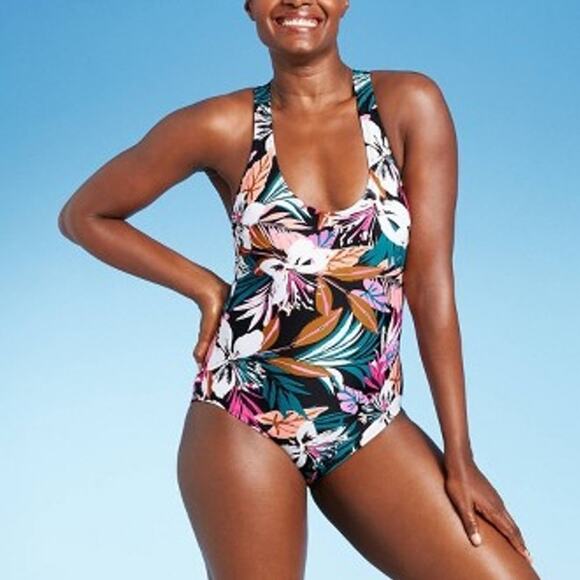 Kona Sol One Piece Swimsuit Tropical Twist Back Medium 8-10 Floral Plants - Picture 7 of 11